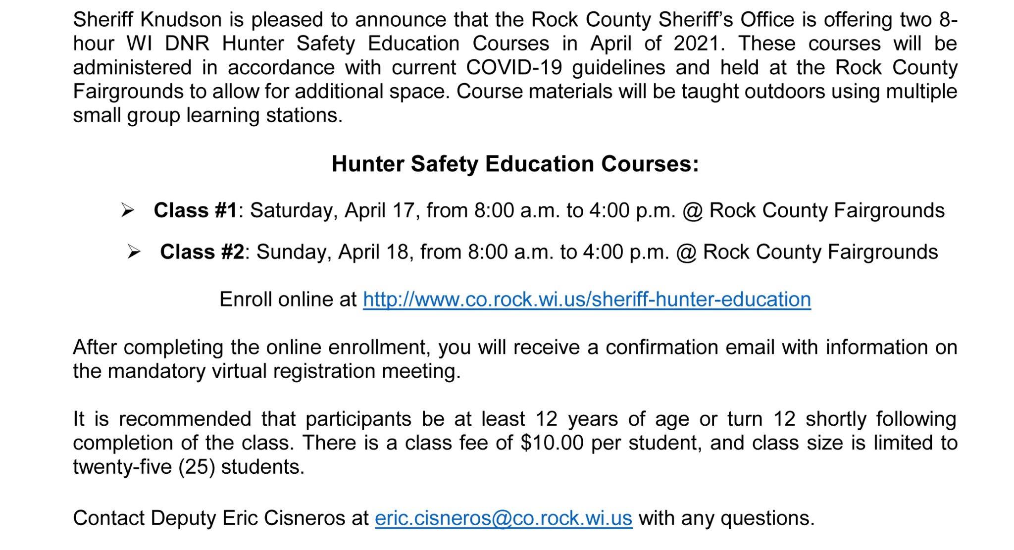 Spring Hunter Safety Courses offered April 17 and 18 Rock County