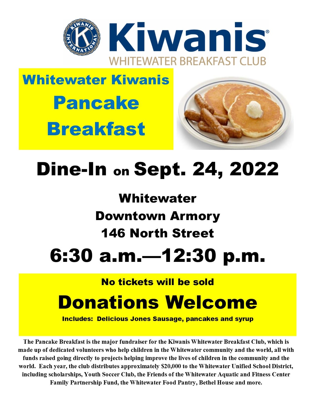 Kiwanis Pancake Breakfast at Old Armory this Saturday from 630 a.m. to