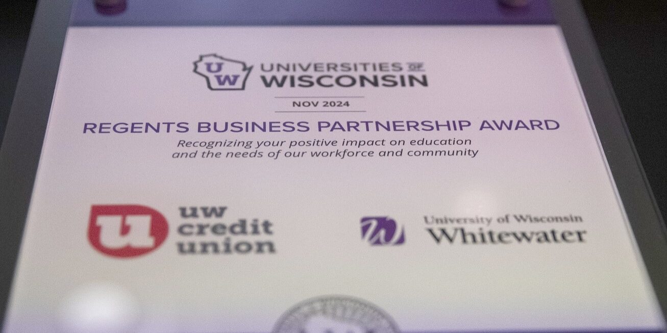 Representatives of the UW-Whitewater Branch of the UW Credit Union were unhand to receive a Regents Business Partnership Award from Universities of Wisconsin President Jay O. Rothman and Regent Timothy Nixon, along with UW-Whitewater Chancellor Corey A. King.  (UW-Whitewater Photos/Craig Schreiner)