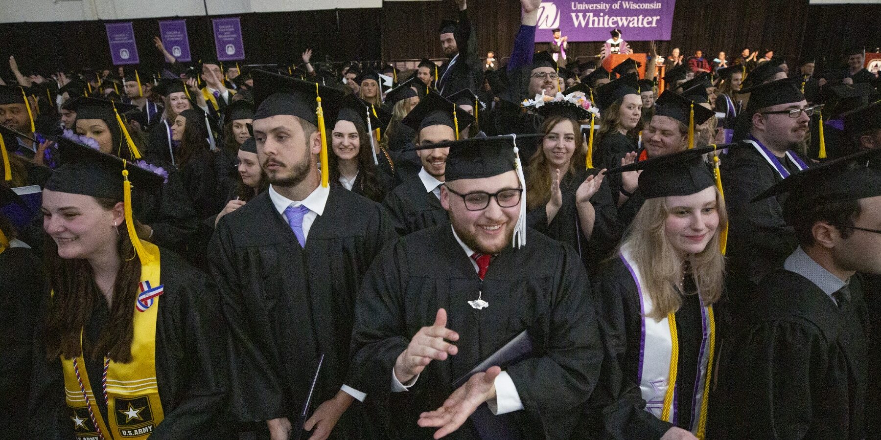 Students applaud family members for their support at the end of the afternoon commencement ceremony. UW-Whitewater held its spring Commencement on Saturday, May 13, 2023 with two ceremonies at Kachel Fieldhouse. (UW-Whitewater photo/Craig Schreiner)
